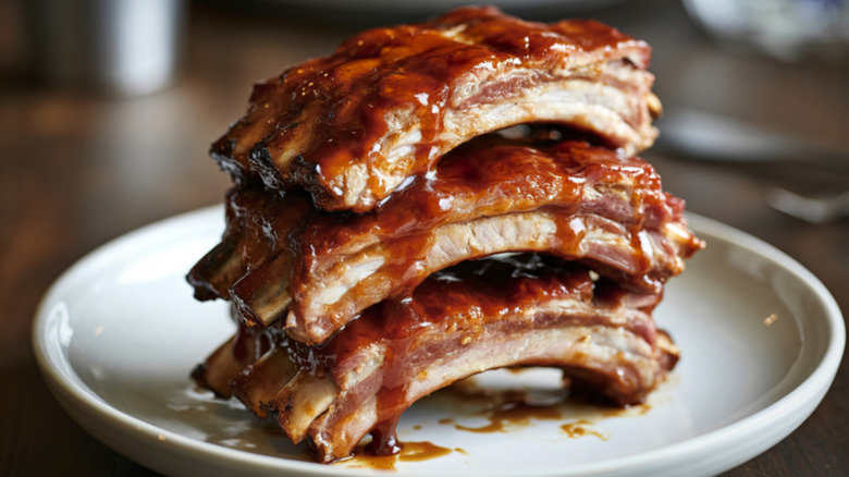 A stack of glazed pork ribs