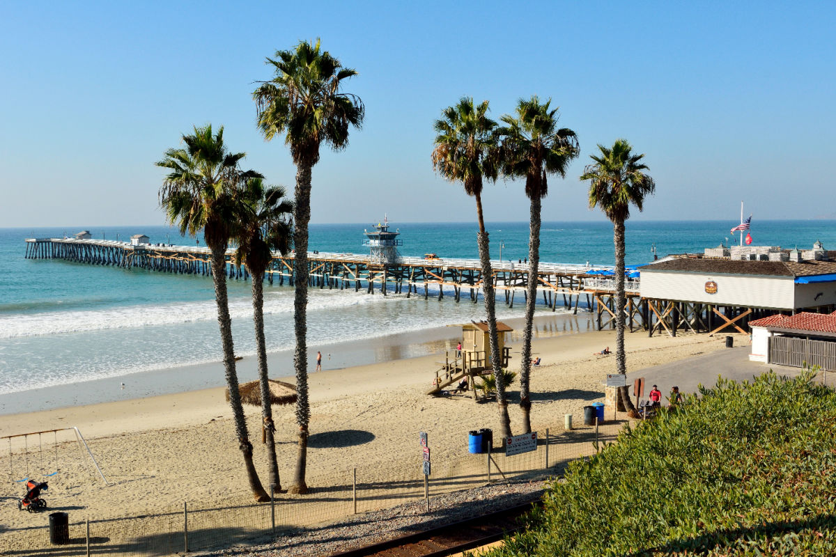 Palm tree-lined beach of San Clemente, CA