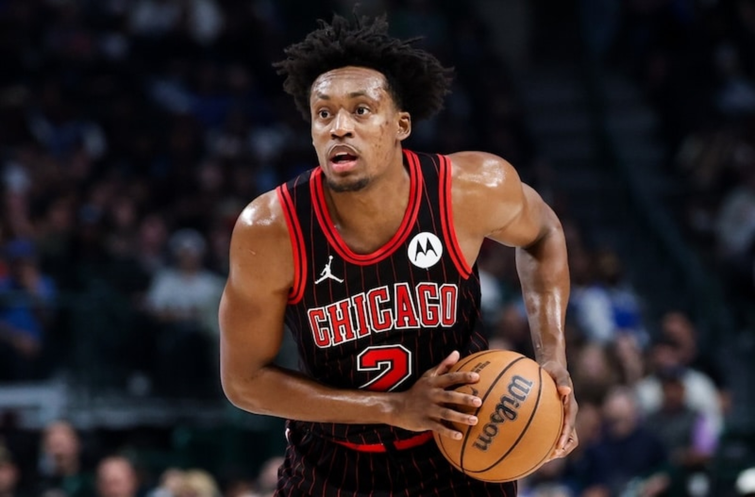 Apr 12, 2026; Dallas, Texas, USA; Chicago Bulls guard Collin Sexton (2) controls the ball against the Dallas Mavericks during the first half at American Airlines Center. Mandatory Credit: Kevin Jairaj-Imagn Images