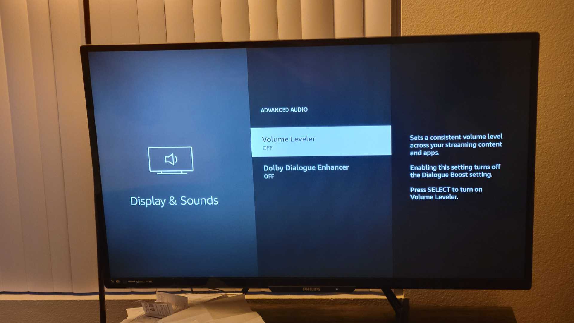 Amazon Fire TV showing advanced audio and volume leveler
