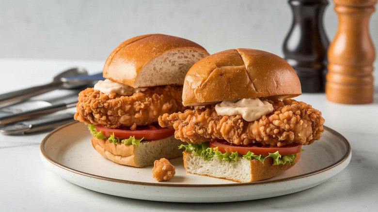 Two chicken sandwiches in a platte