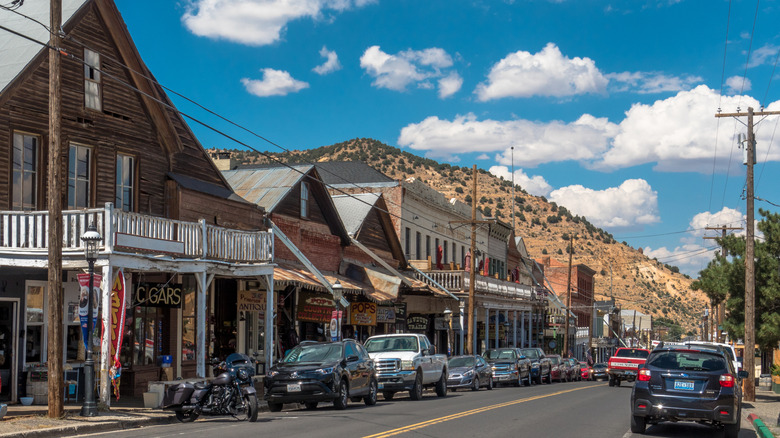 View of restored mining buildings that are now shops and restaurants in Virginia City, Nevada