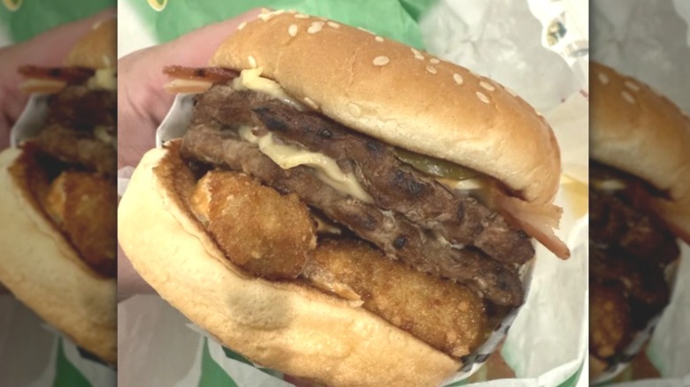 Closeup of a Carl's Jr. Double El Diablo burger