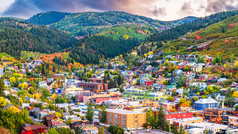 Aerial view of downtown Park City, Utah, USA in Autumn at dusk.