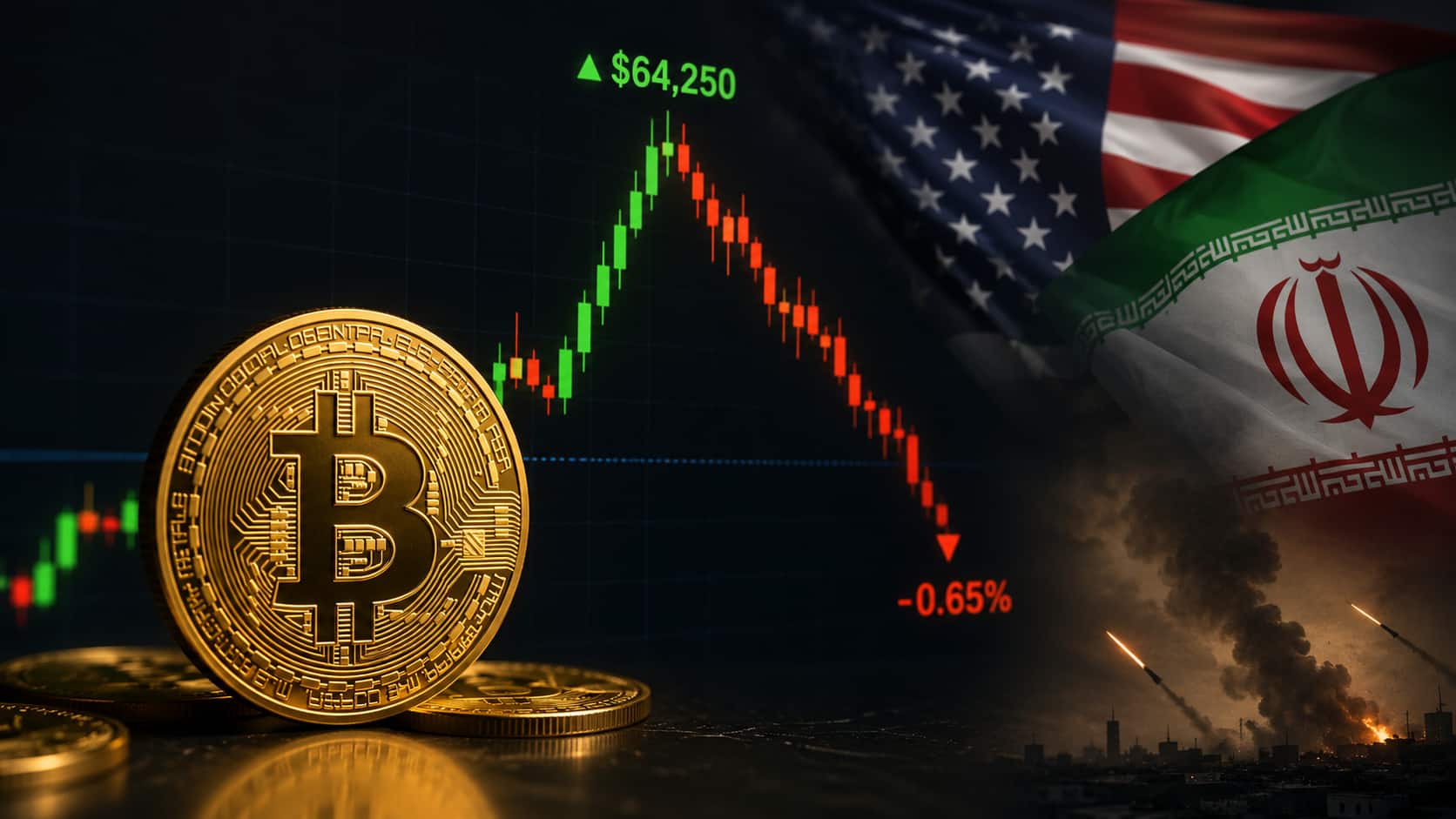Bitcoin briefly crossed $64,250 before retreating 0.65% amid renewed US-Iran tensions