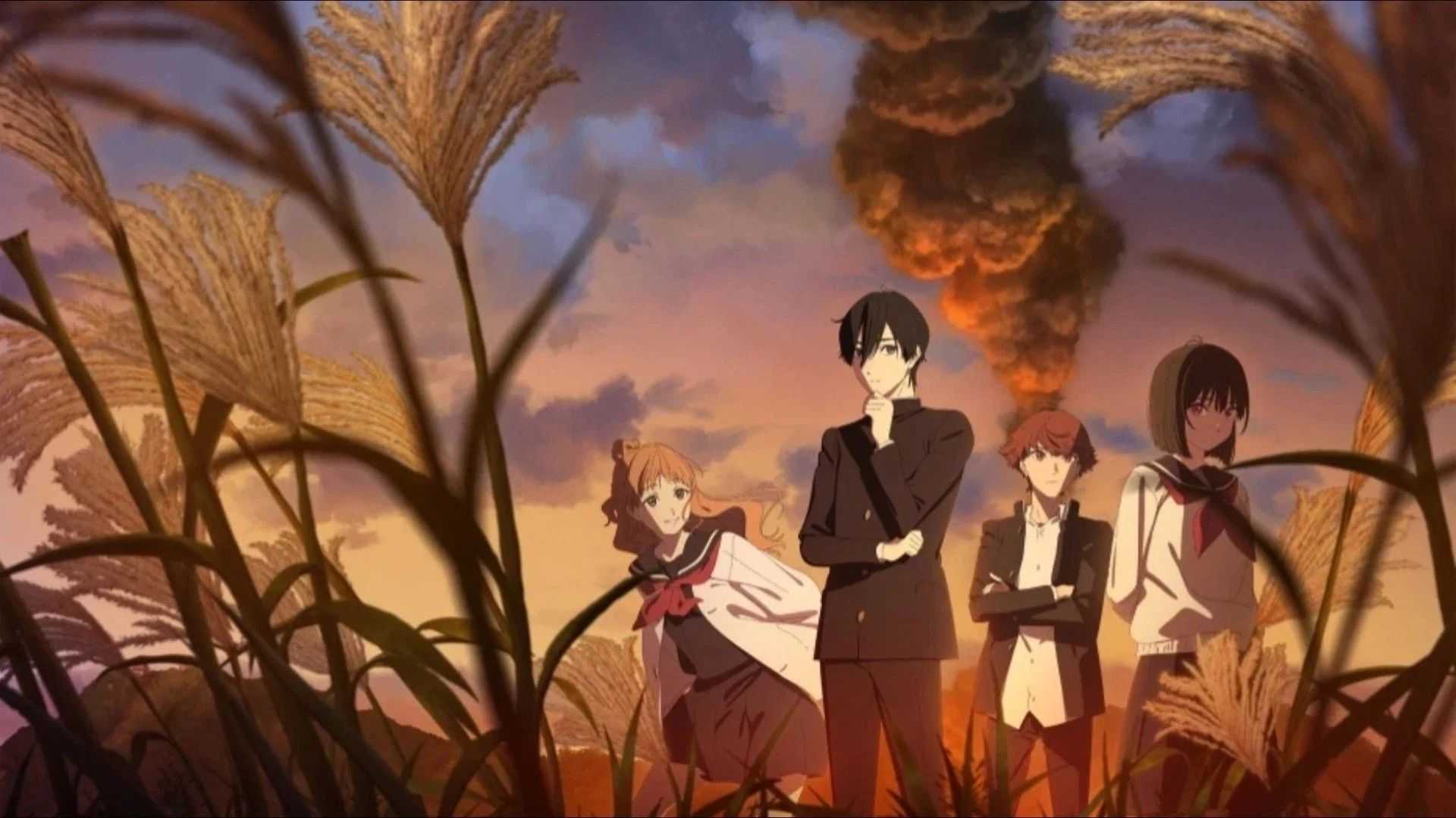 Osanai, Kobato and their classmates in a field with smoke in the background in Shoshimin