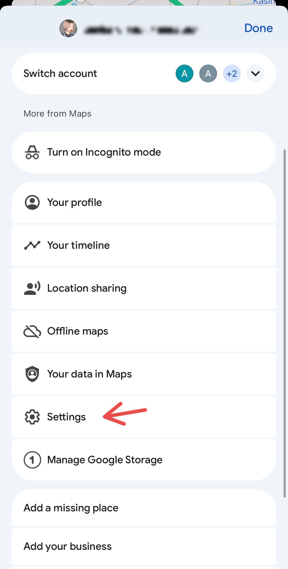 Settings in Google Maps.