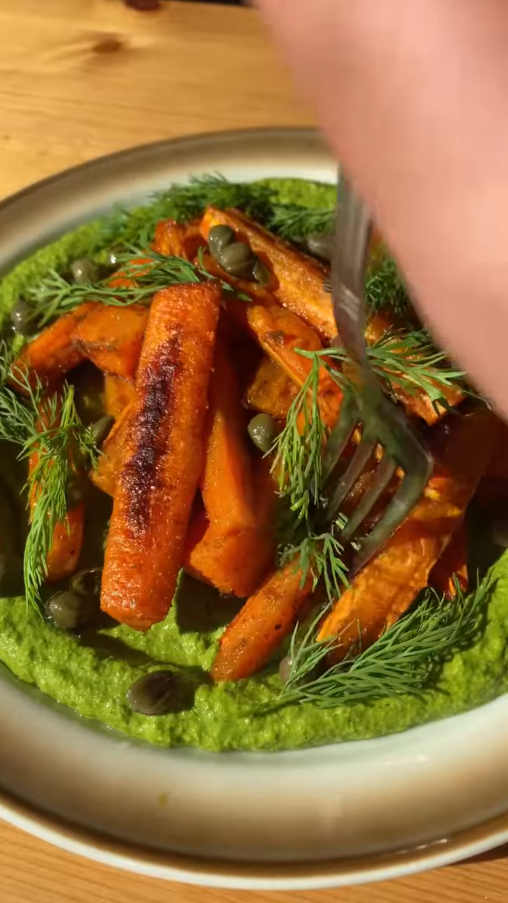 The delicious combination of roasted carrots and dill sauce