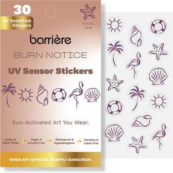 Packaging for Barrière Burn Notice UV Sensor Stickers, featuring various coastal designs. Text: