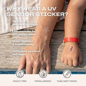 Child's arm with a UV sensor sticker next to an adult's hand; text highlights benefits: easy SPF reminder, water resistant, plant powered, cruelty-free