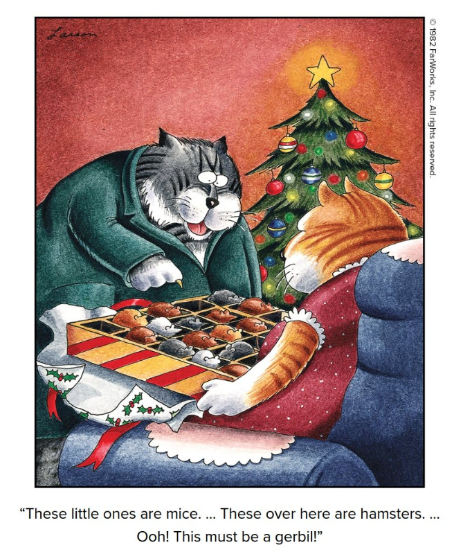 Cats look at a box of mice and other rodents in The Far Side.