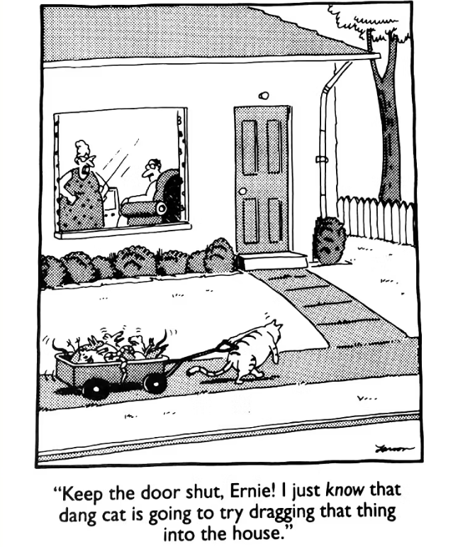 A cat hauls a wagon full of dead rodents, birds, and mice to a house attempting to bring it in.
