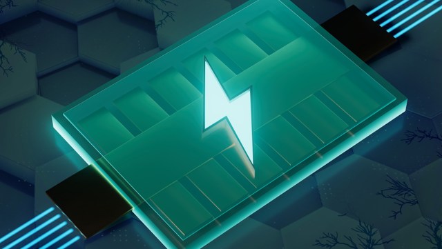 A futuristic battery design with a glowing lightning bolt symbol, set against a dark hexagonal background.