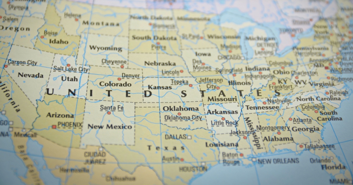United States in close up on the map. Focus on the name of country.
