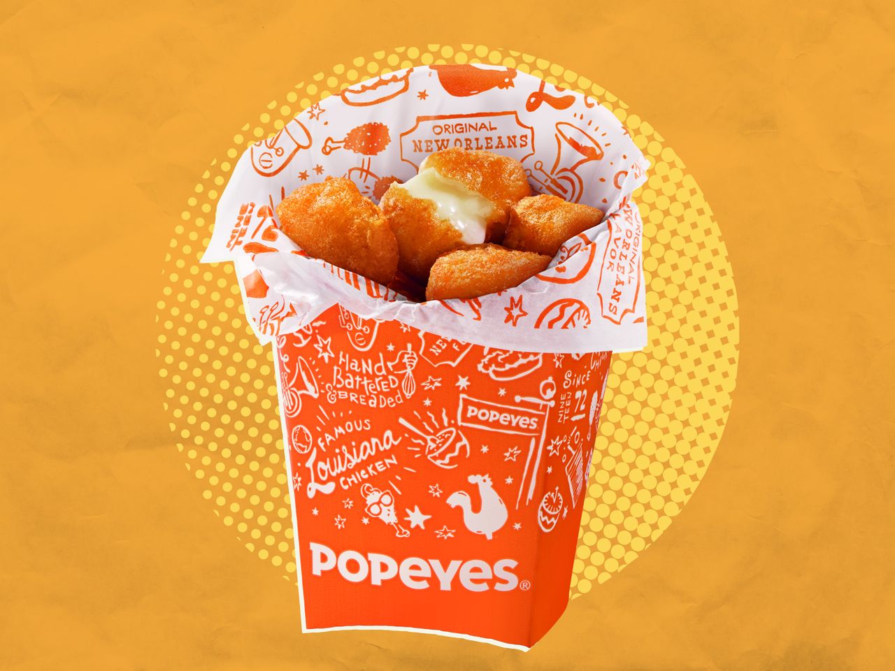Cup of Popeyes Cheese Bites on an orange and yellow background