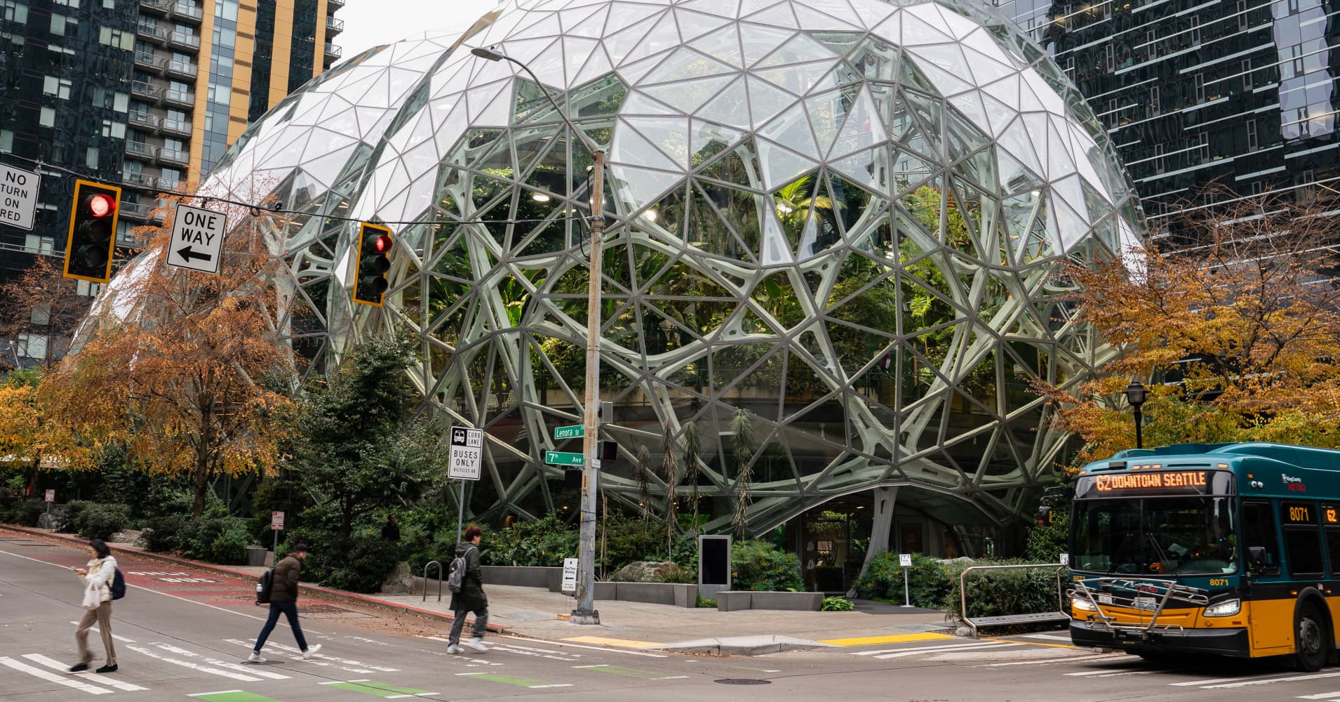 The Amazon headquarters in the South Lake Union neighborhood of Seattle, Washington, US, on Tuesday, Oct. 28, 2025.