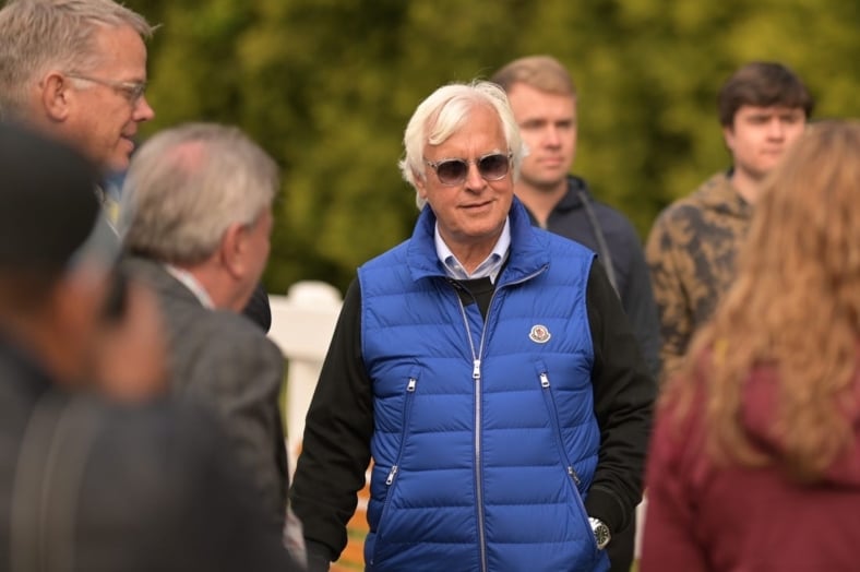 May 19, 2023; Baltimore, Maryland, USA; Bob Baffert, American racehorse trainer, walks near the Stakes Barn after morning work outs prior to the running off the at Pimlico Race Course. Mandatory Credit: Tommy Gilligan-USA TODAY Sports