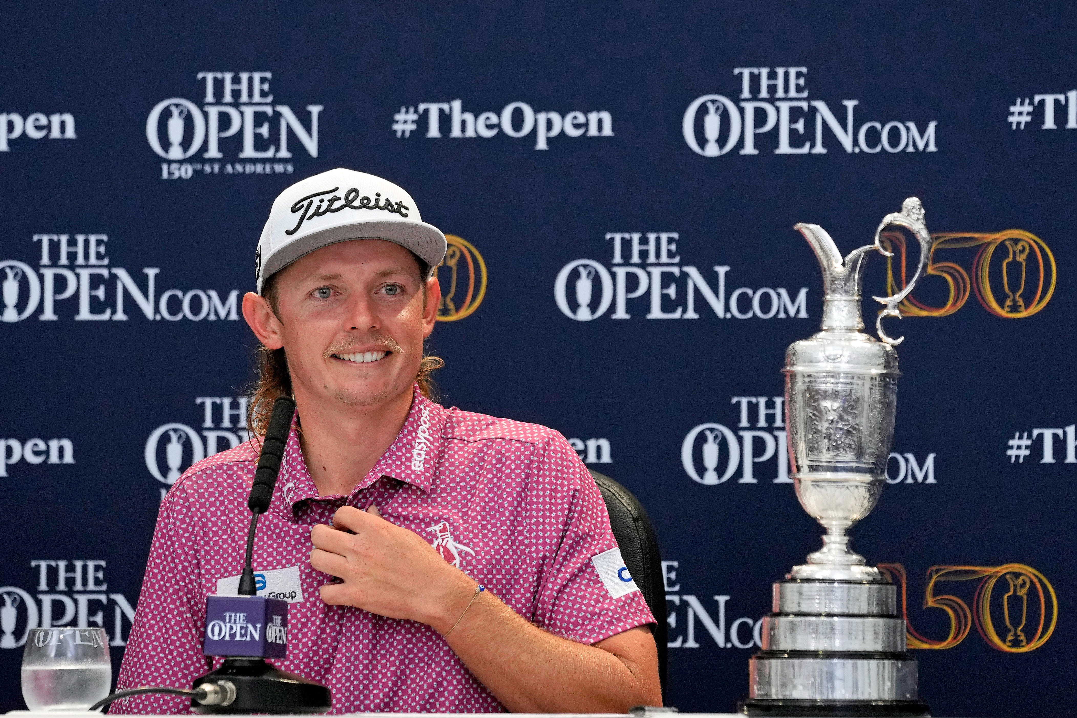 Cameron Smith talks to media during a press conference after winning the 150th Open Championship golf tournament at St. Andrews Old Course.