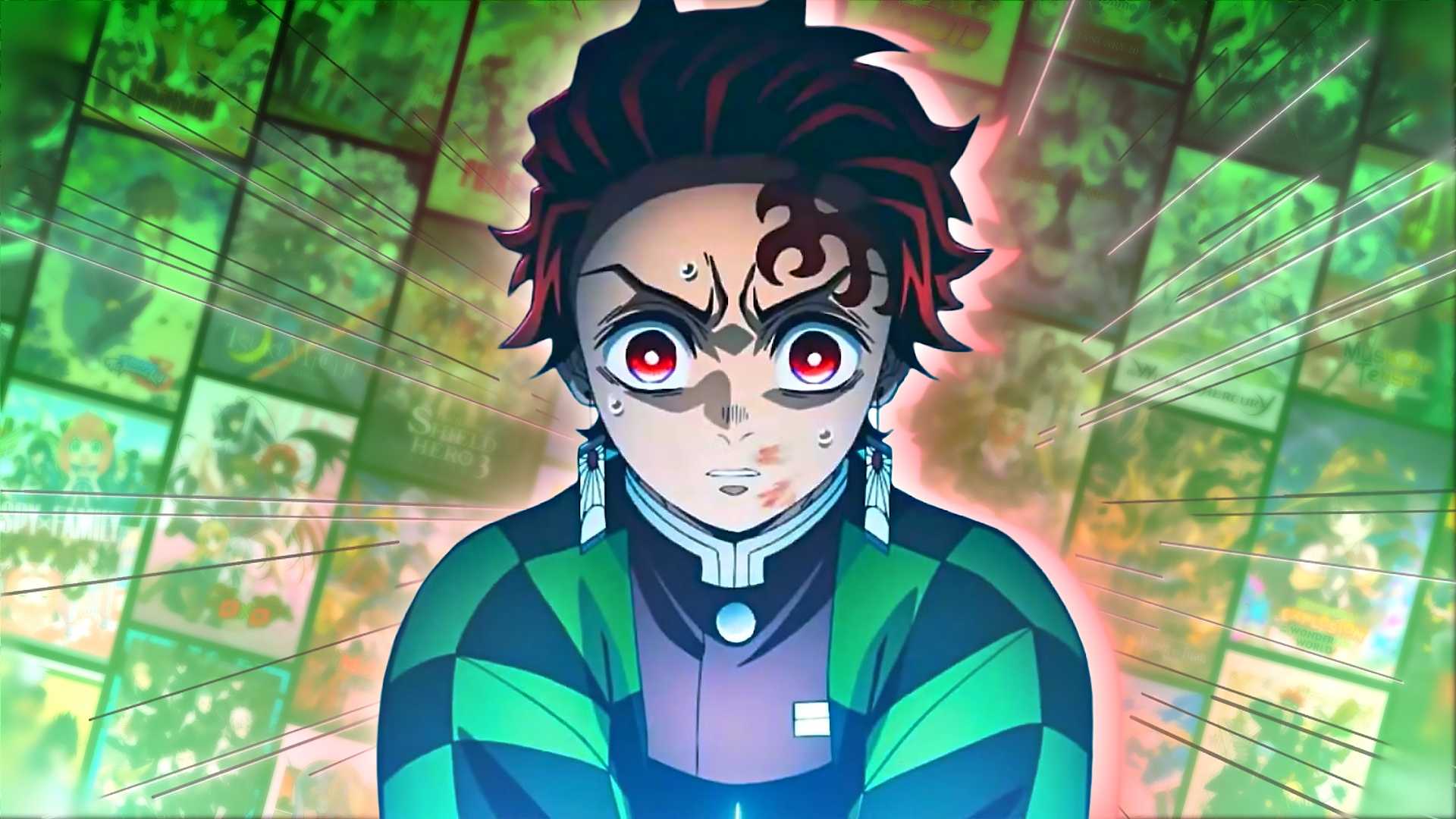 Demon Slayer: Infinity Castle's Tanjiro looking worried with anime library behind him.