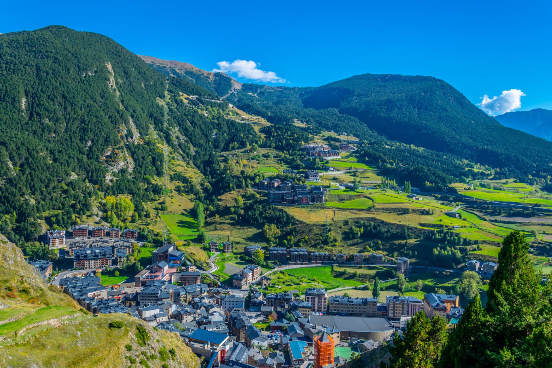 Aerial view of Canillo town viewed from Roc del Quer viewpoint at Andorra