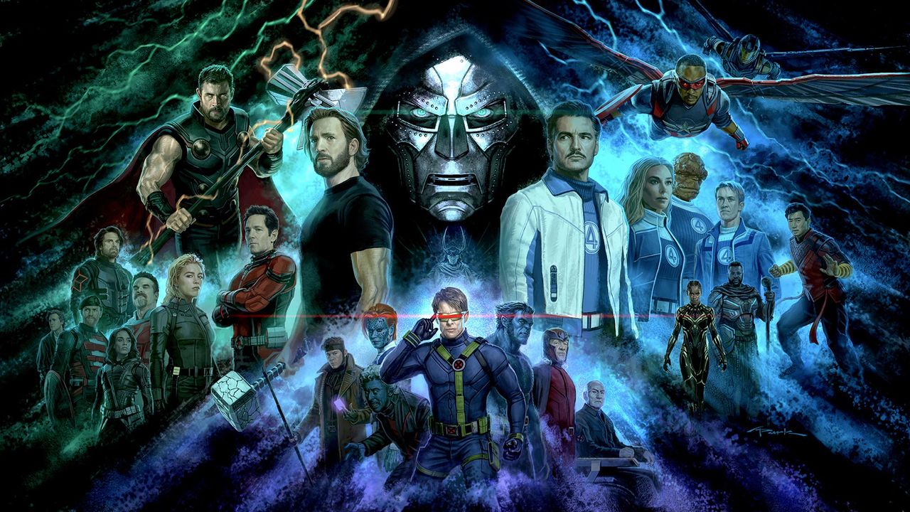 A giant mural showing Doctor Doom surrounded by all of the heroes who'll appear in Marvel movie Avengers: Doomsday
