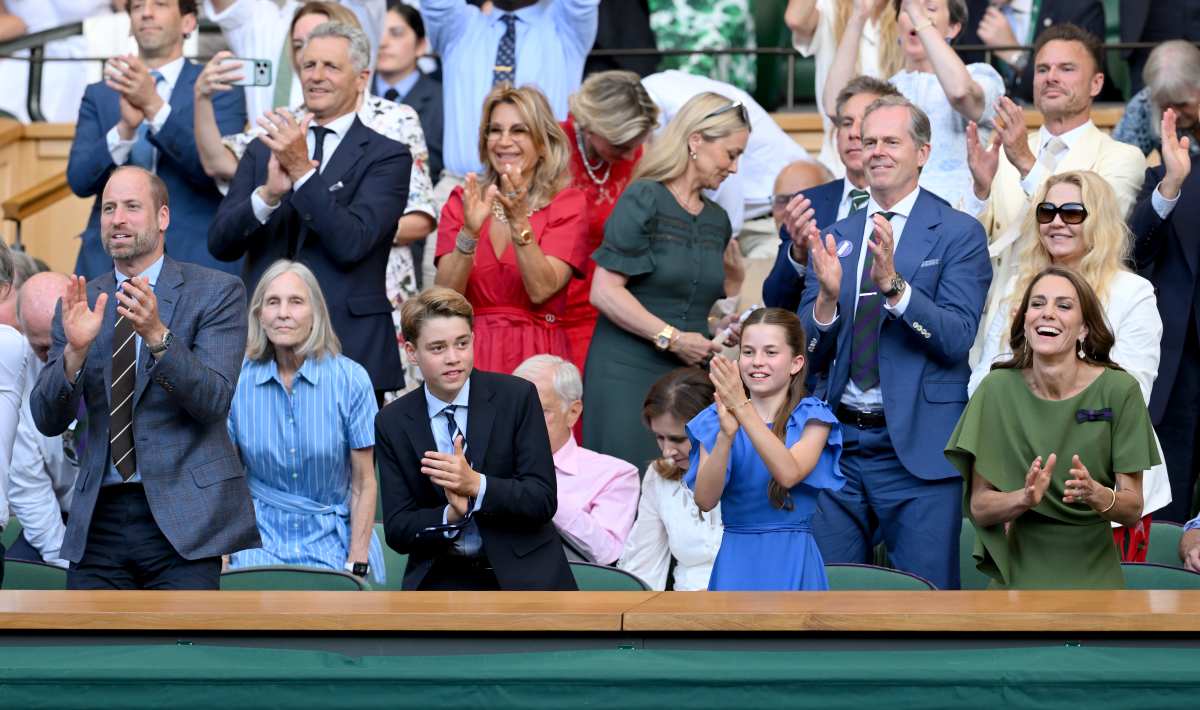 Prince William, Prince George, Princess Charlotte, and Catherine, Princess of Wales, clap as they attend day 14 of the 2026 Wimbledon Tennis Championships at the All England Lawn Tennis and Croquet Club on July 12, 2026, in London, England. (Photo by Karwai Tang/WireImage)