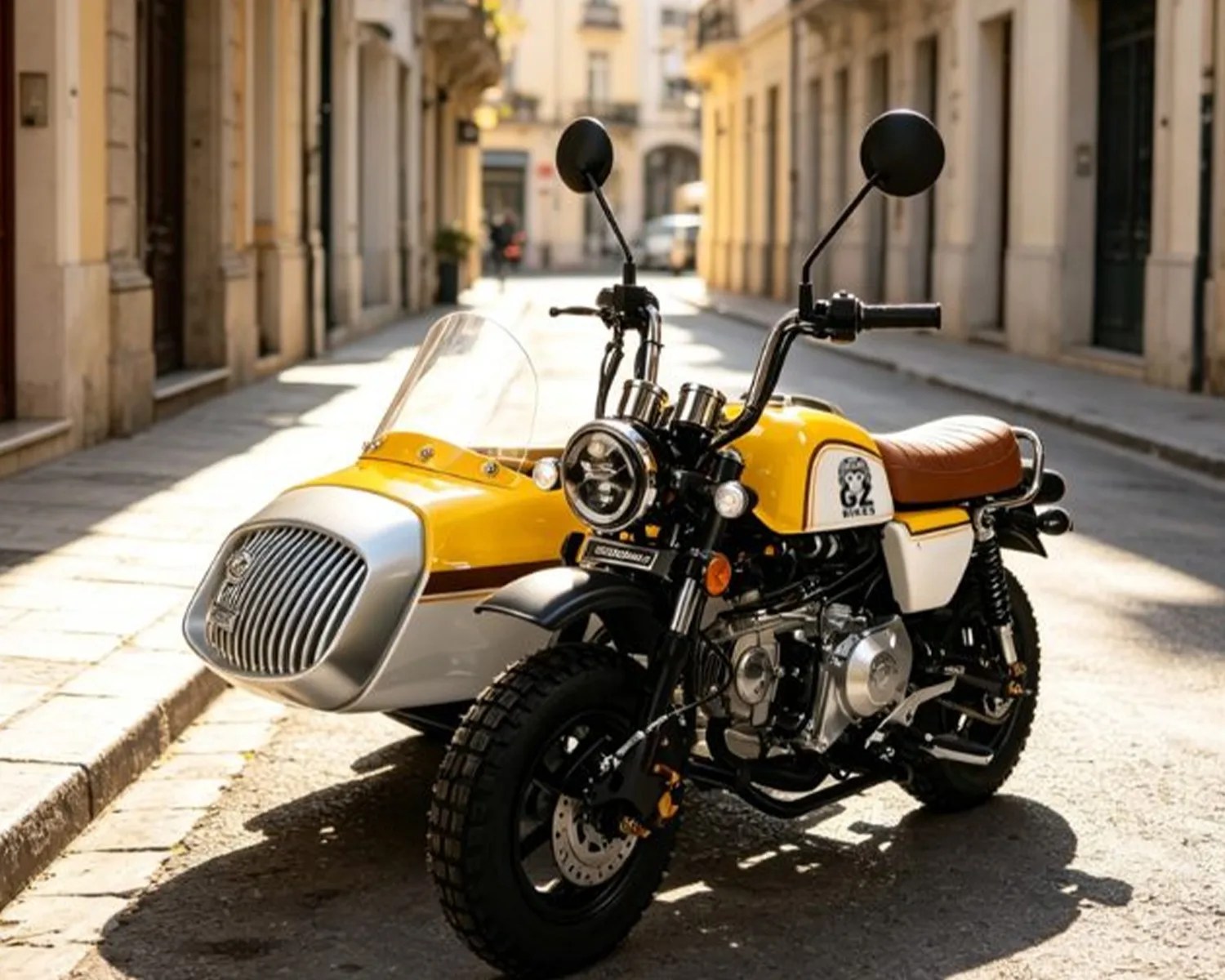 Yellow and white motorcycle with a brown leather seat and attached sidecar on a sunlit street.