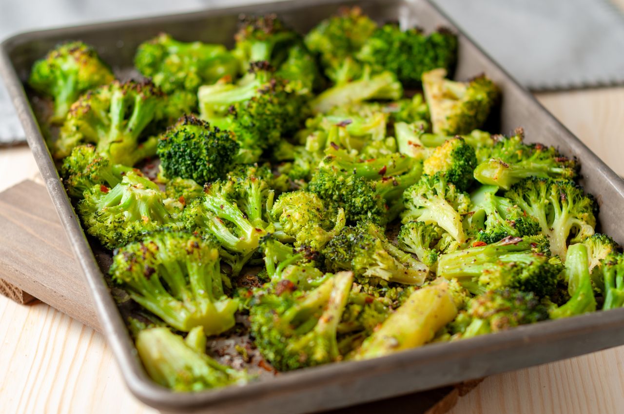 Sheet pan of roasted broccoli