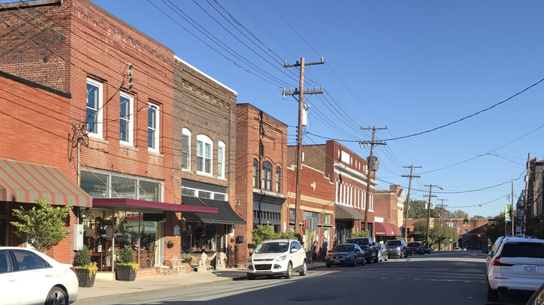 Storefronts on West Clay Street in downtown Mebane, North Carolina.
