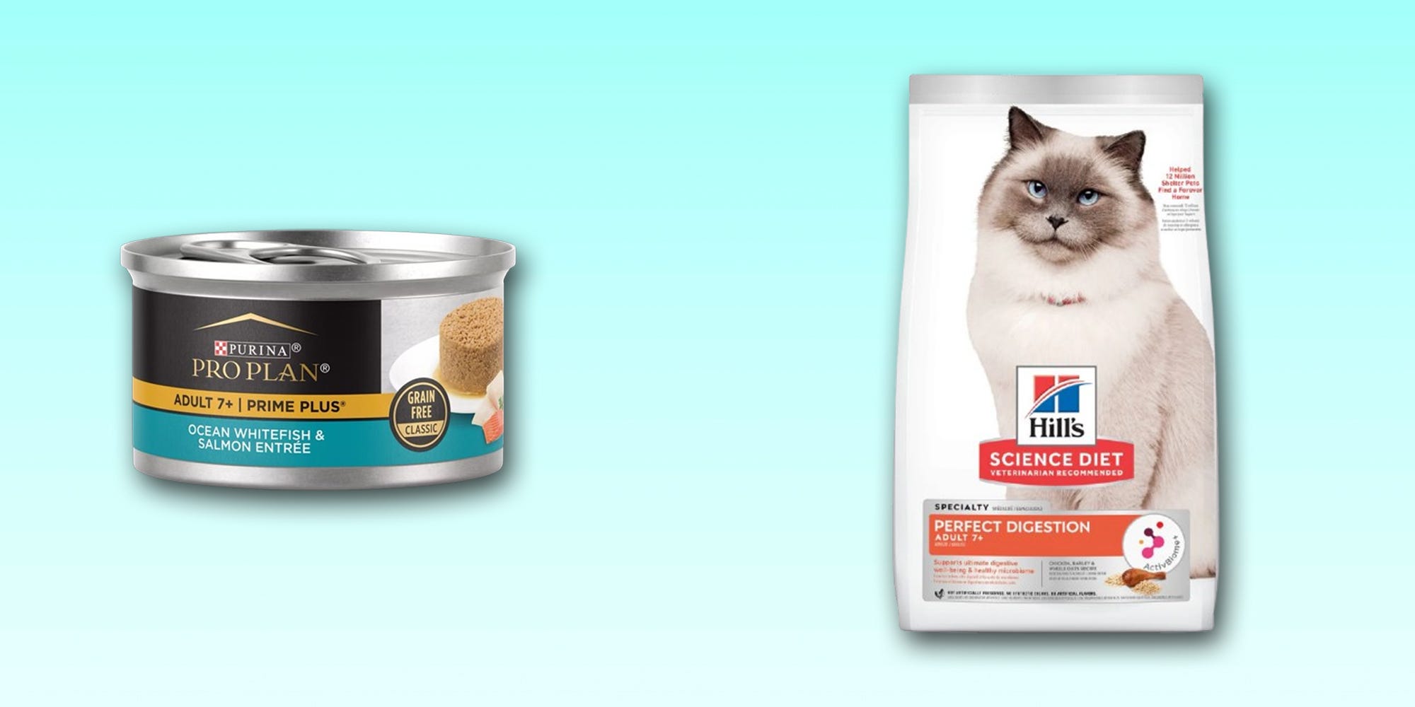 A can of Purina Pro Plan Prime Plus wet cat food and a bag of Hill's Science Diet Perfect Digestion dry cat food for senior cats are displayed against a light blue background.