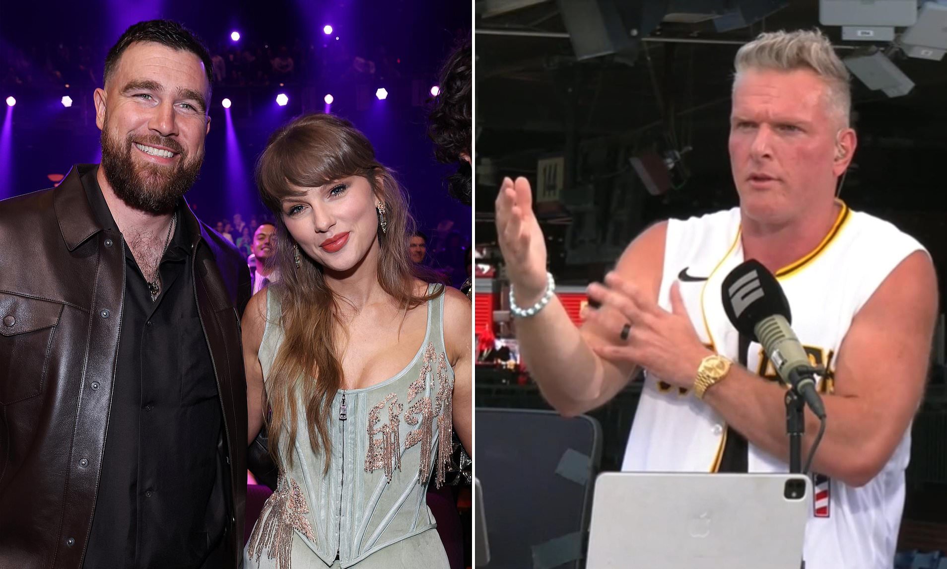 Tense moment Pat McAfee hit with 'tacky' Taylor Swift and Travis Kelce wedding diss live on ESPN