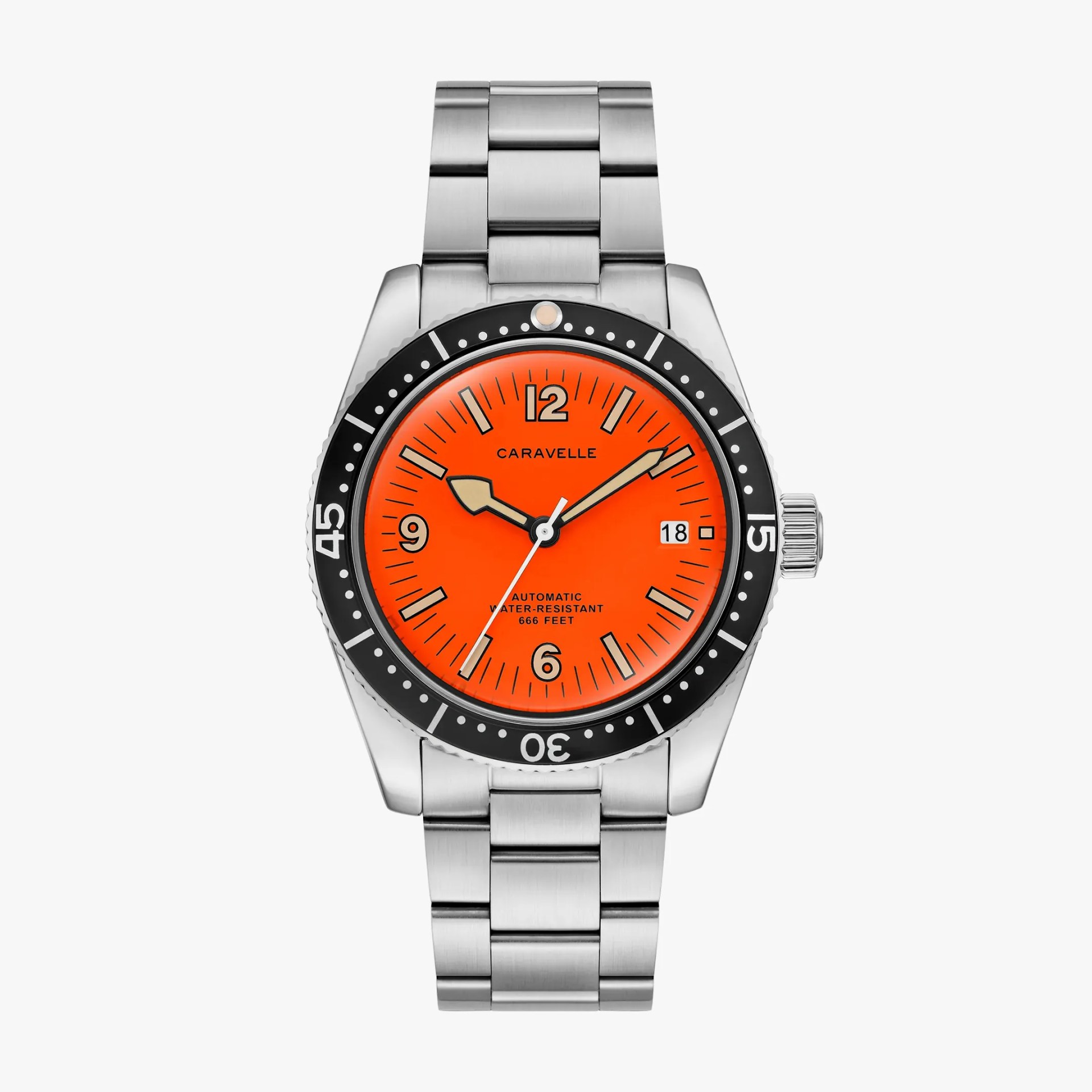 Stainless steel wristwatch with bright orange dial, black bezel, and date display at 3 o'clock.