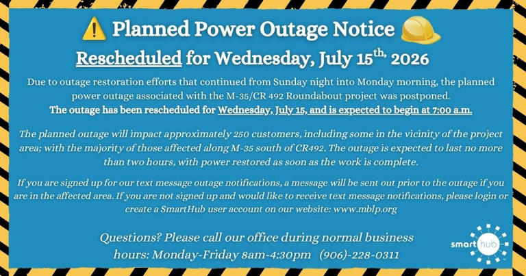Update: Planned power outage along M-35 rescheduled to Wednesday