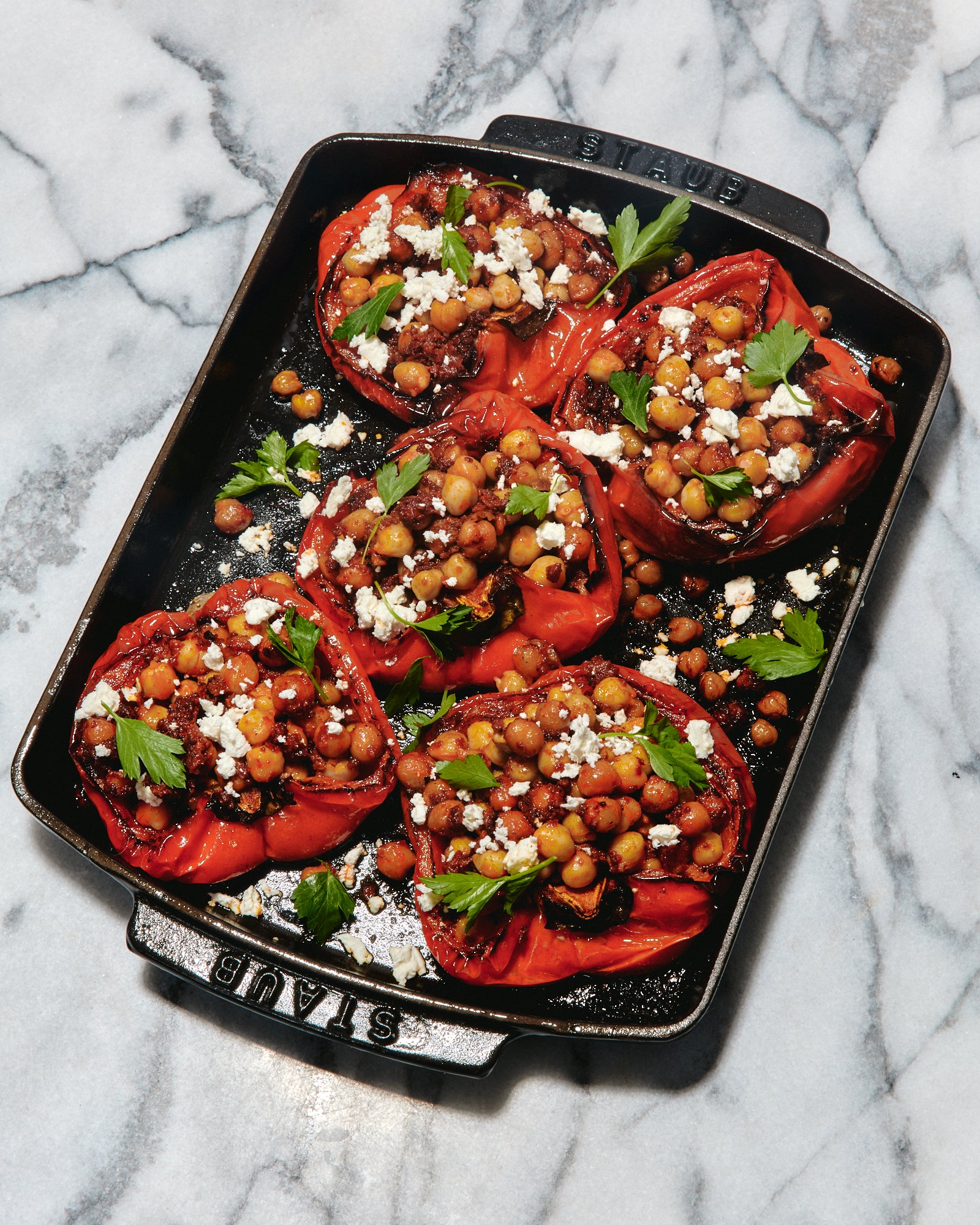 Roasted peppers with chickpeas, ’nduja, and feta