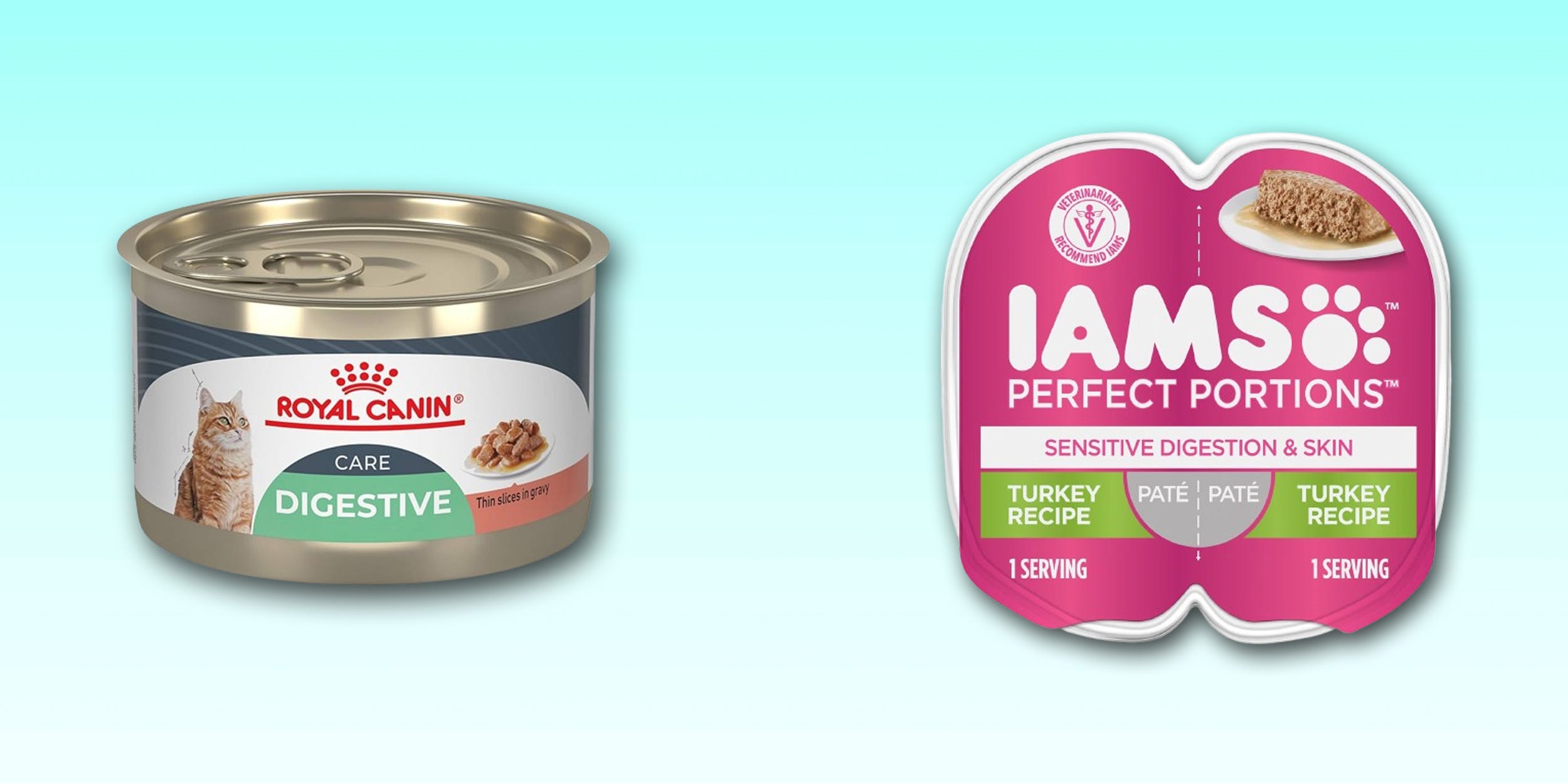 A can of Royal Canin Digestive Care and an Iams Perfect Portions Sensitive Digestion & Skin twin-pack wet cat food are displayed against a light blue background.