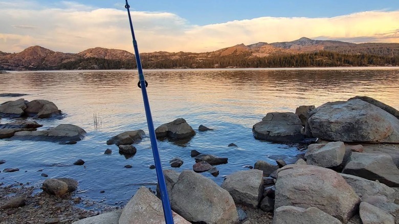Lakeside sunset view of Loon Lake with fishing pole in the rocks