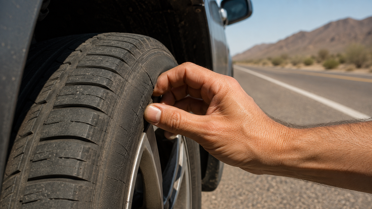 inspecting-an-aging-tire-in-extreme-heat