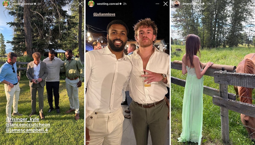 A series of images of West Wilson and Amanda Batula on a farm.