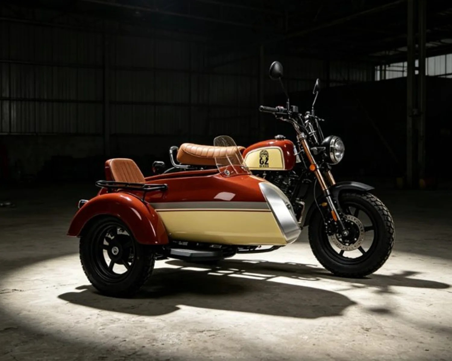 Red and cream motorcycle with a sidecar and tan leather seats in a dimly lit garage.