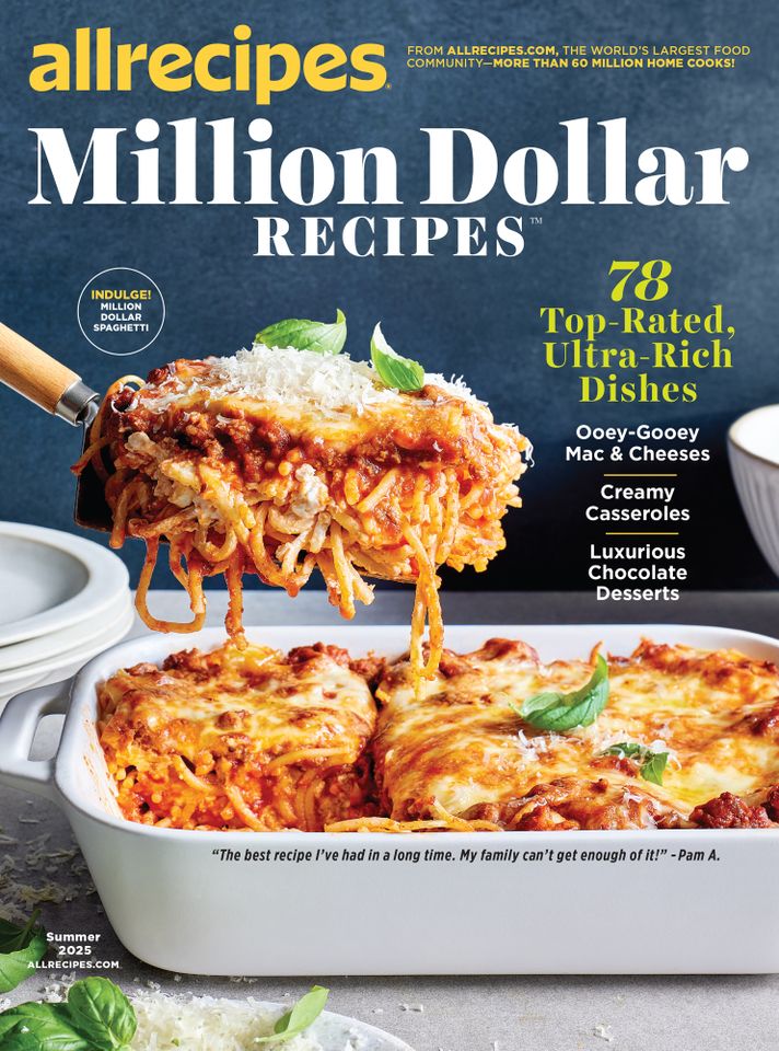 A baked pasta dish served in a white casserole dish, part of the Allrecipes 'Million Dollar Recipes' magazine cover