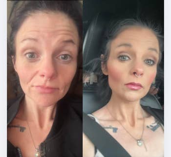 Side-by-side comparison of a person before and after makeup application, highlighting transformation in complexion and lip color