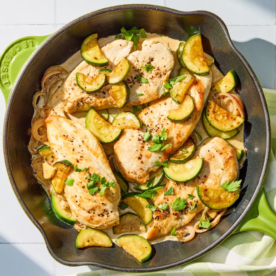 A recipe image of Creamy Garlic Chicken & Zucchini Skillet.