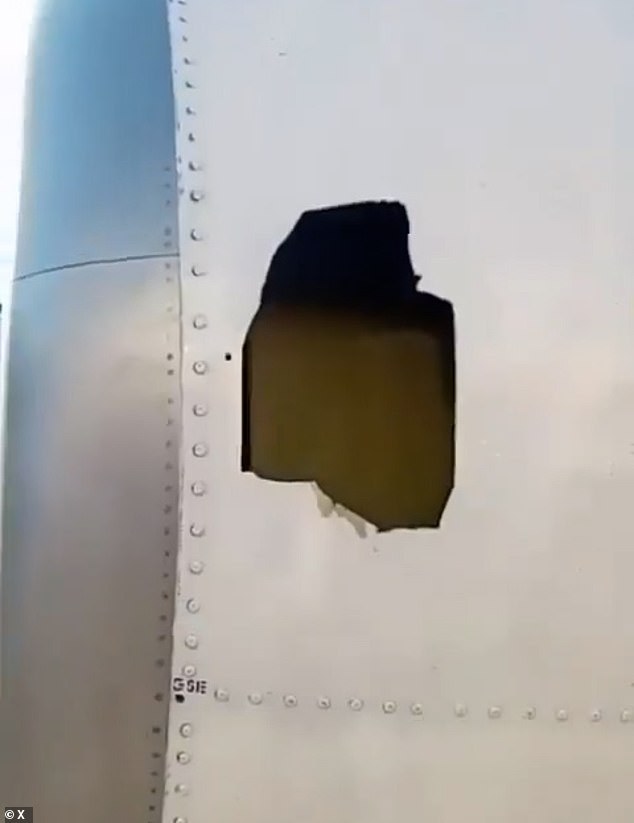 A large hole can be seen in the side of the engine casing. Travellers feared they 'wouldn't make it' as the jet flew for around 30 minutes with the damaged window