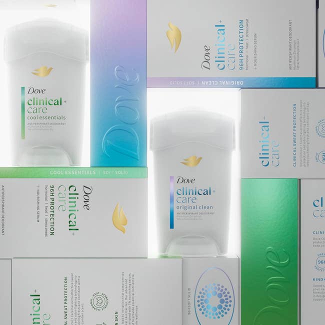 Dove Clinical Care antiperspirant packaging displayed in an organized layout, showcasing various scents and protective benefits for shopping