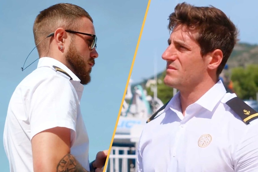 A split of Nathan Gallagher and Luke Brumer on Below Deck Mediterranean Season 11 Episode 5.