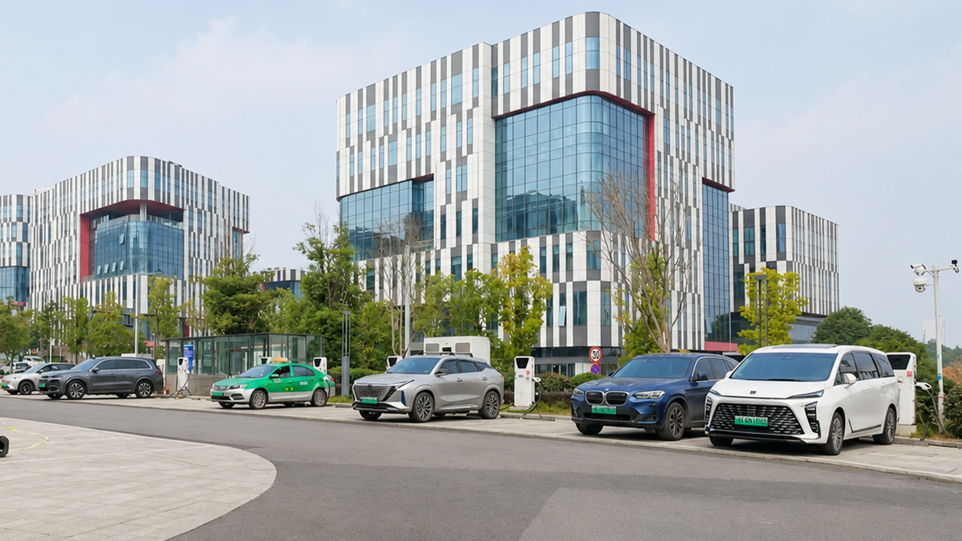 Electric vehicle charging stations support modern commercial district ...