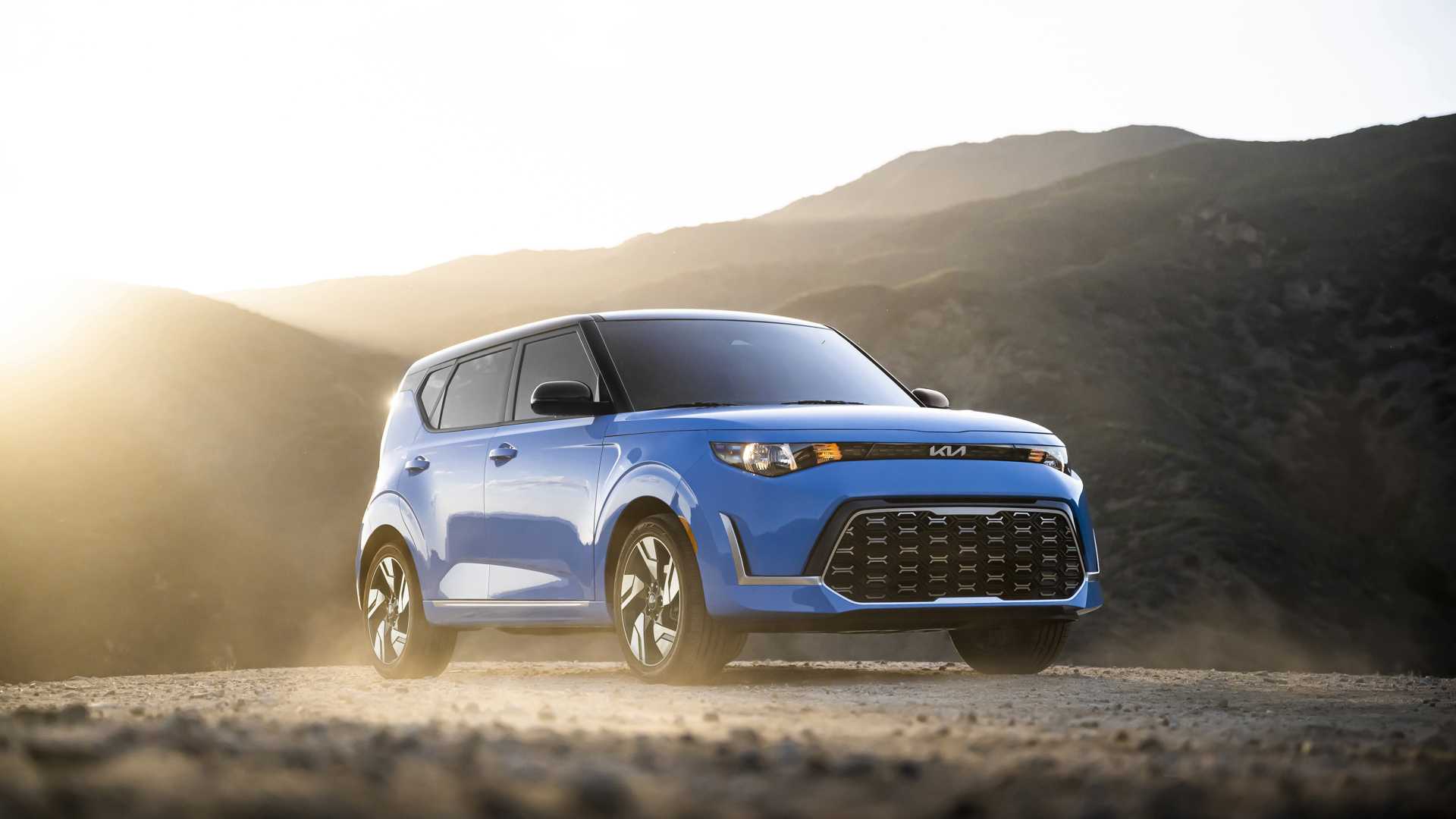 Blue 2025 Kia Soul Front 3/4 shot parked off-road