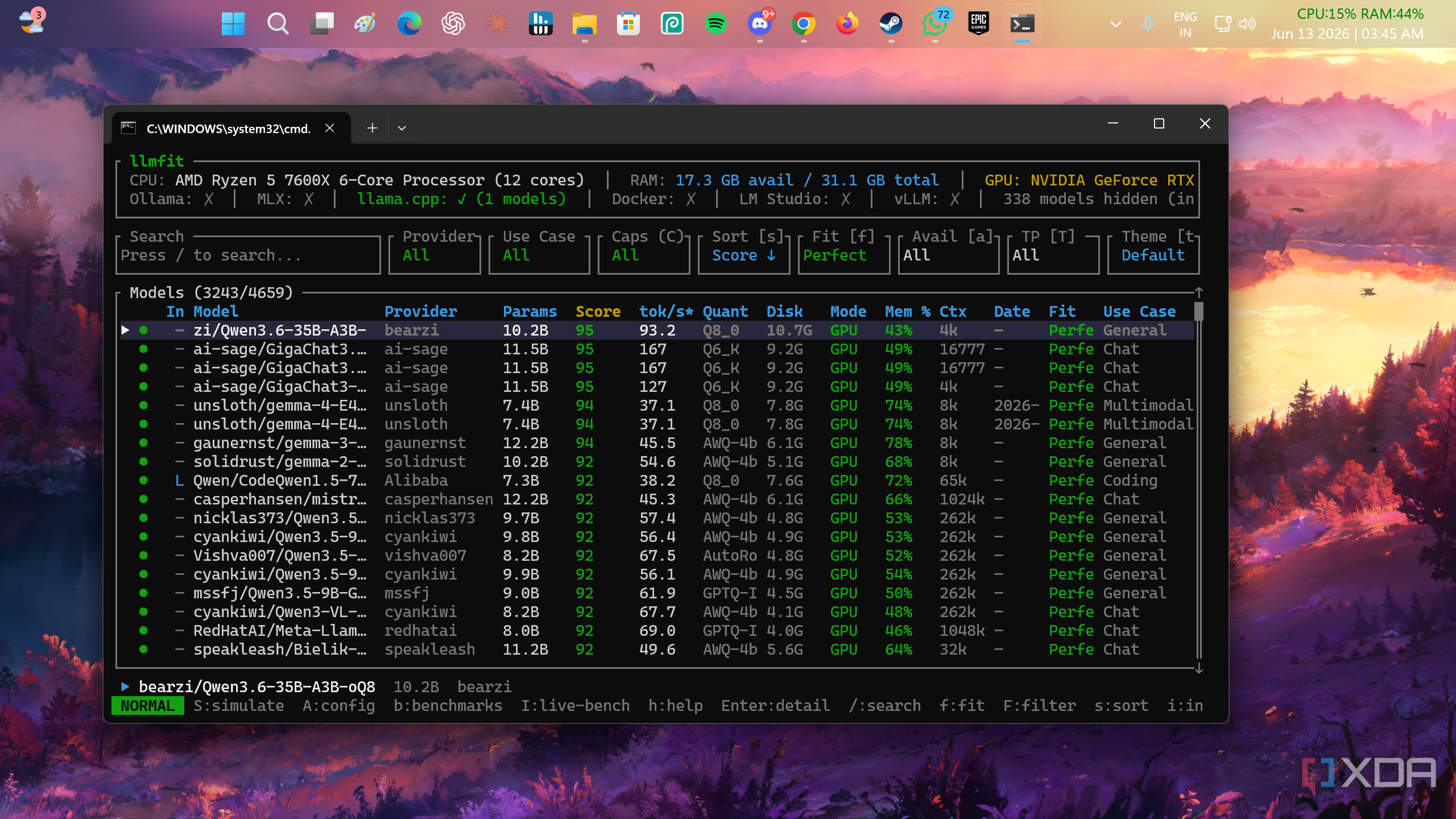 A screenshot of LLMFit running in terminal on a Windows PC