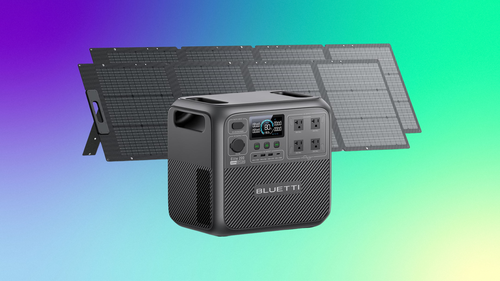 The Bluetti Elite 200 V2 solar generator is shown with two 200-watt solar panels against a blue and green background.