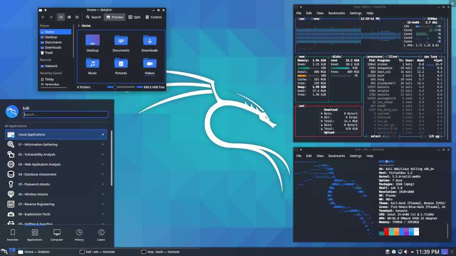 Kali Linux using the KDE desktop showing several windows open including the app launcher.